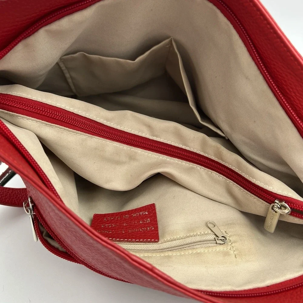 Red Pebbled Genuine Leather Hobo Zipper Shoulder Bag Purse Made in Italy